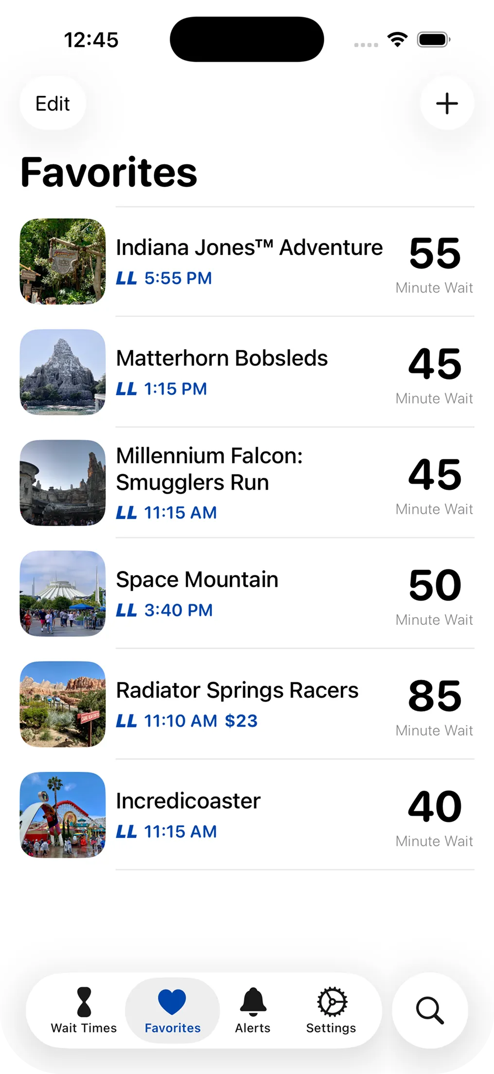 Favorites list with live wait times