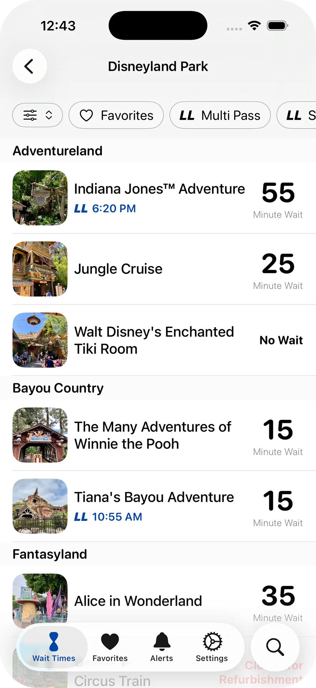 LineTime for Disneyland home screen with live wait times