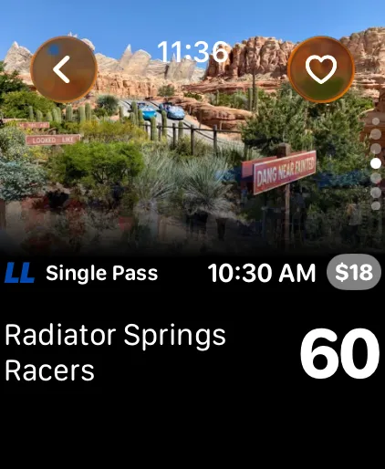 Ride detail on Apple Watch — live wait and Lightning Lane return for Radiator Springs Racers
