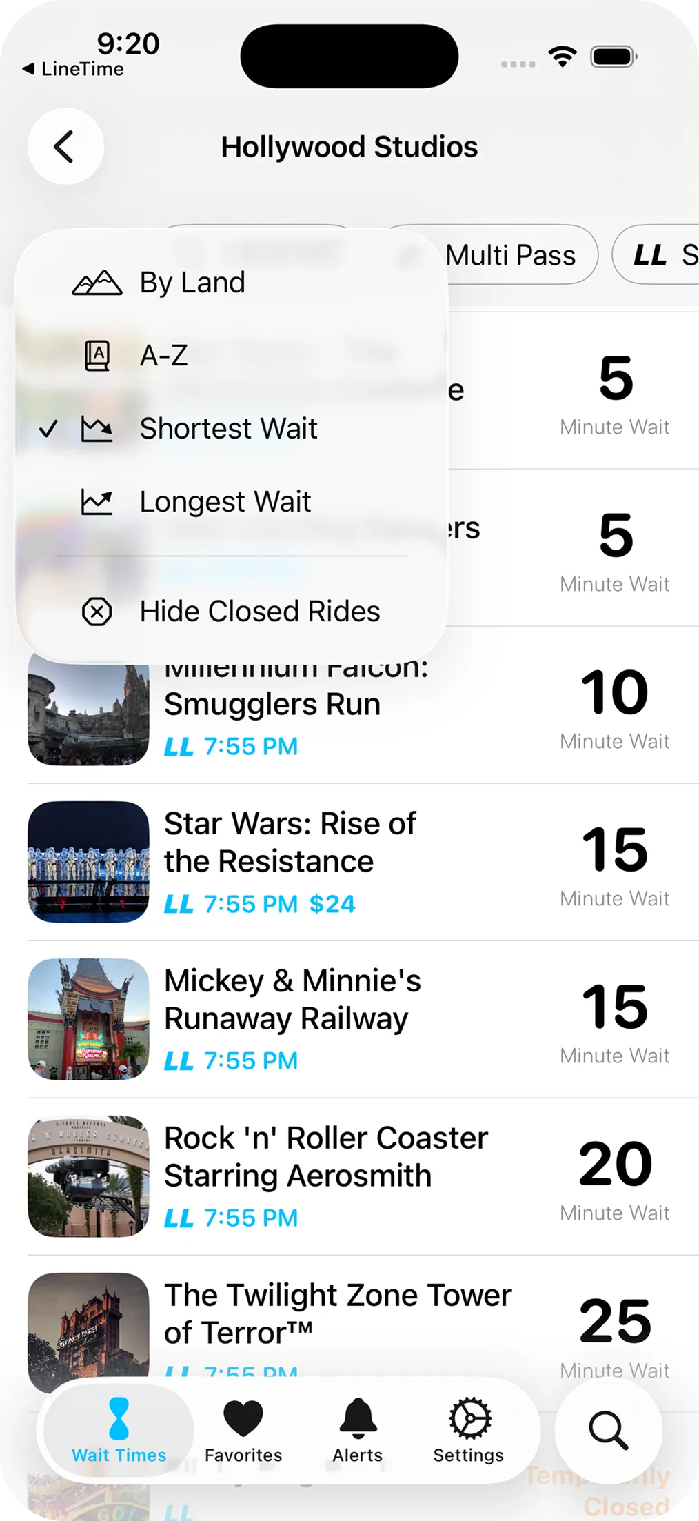 Sort and filter options for the ride list