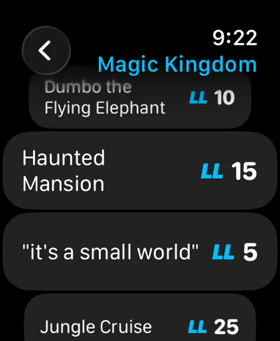 LineTime on Apple Watch showing Magic Kingdom wait times